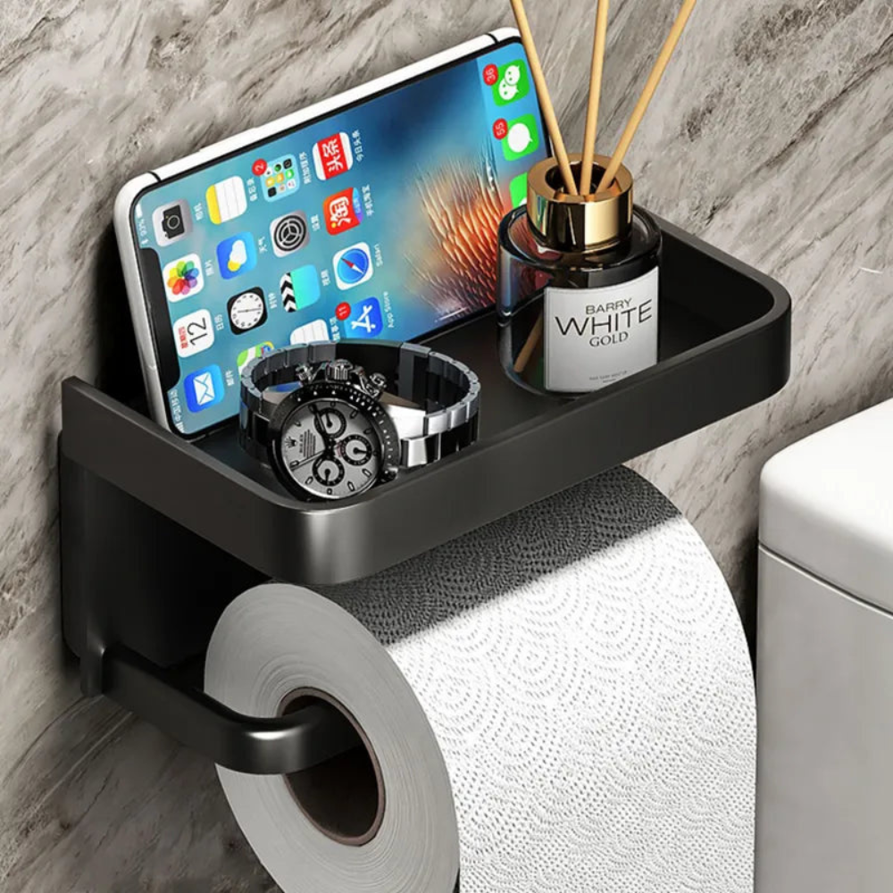Sleek Space-Saving Holder | Black Toilet Roll Holder with Shelf 0