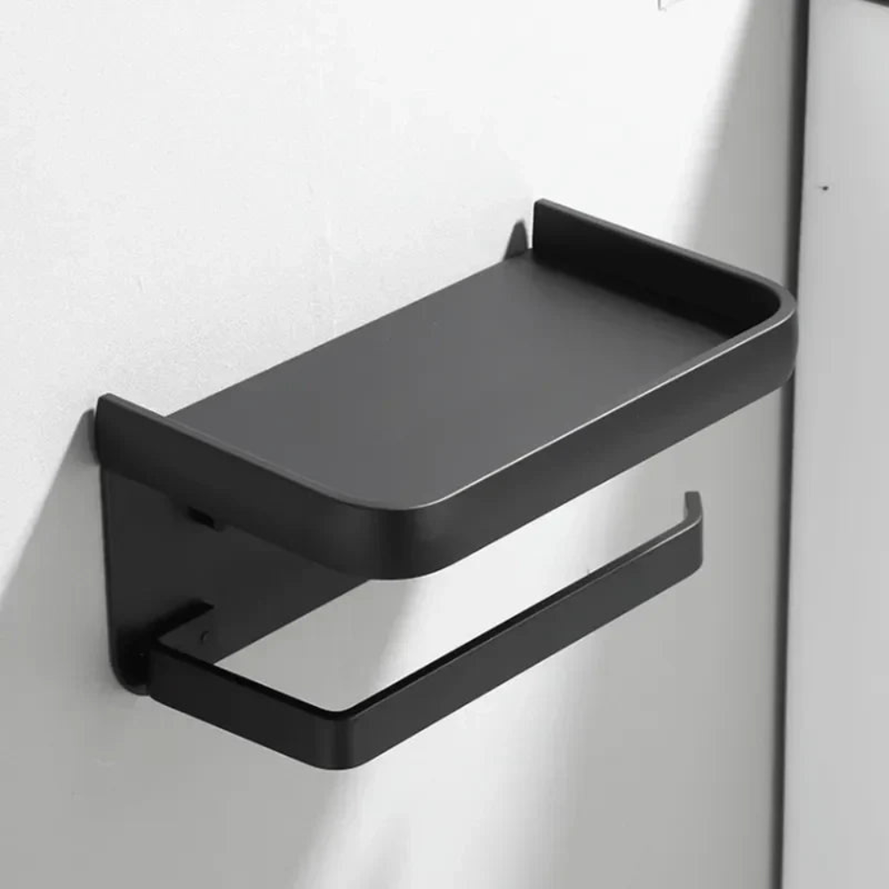 Sleek Space-Saving Holder | Black Toilet Roll Holder with Shelf 1