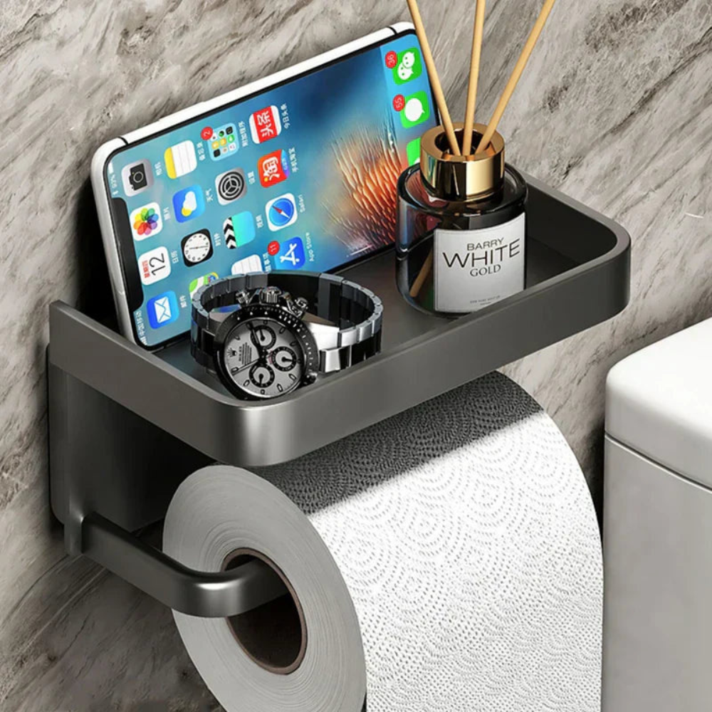 Sleek Space-Saving Holder | Black Toilet Roll Holder with Shelf 5