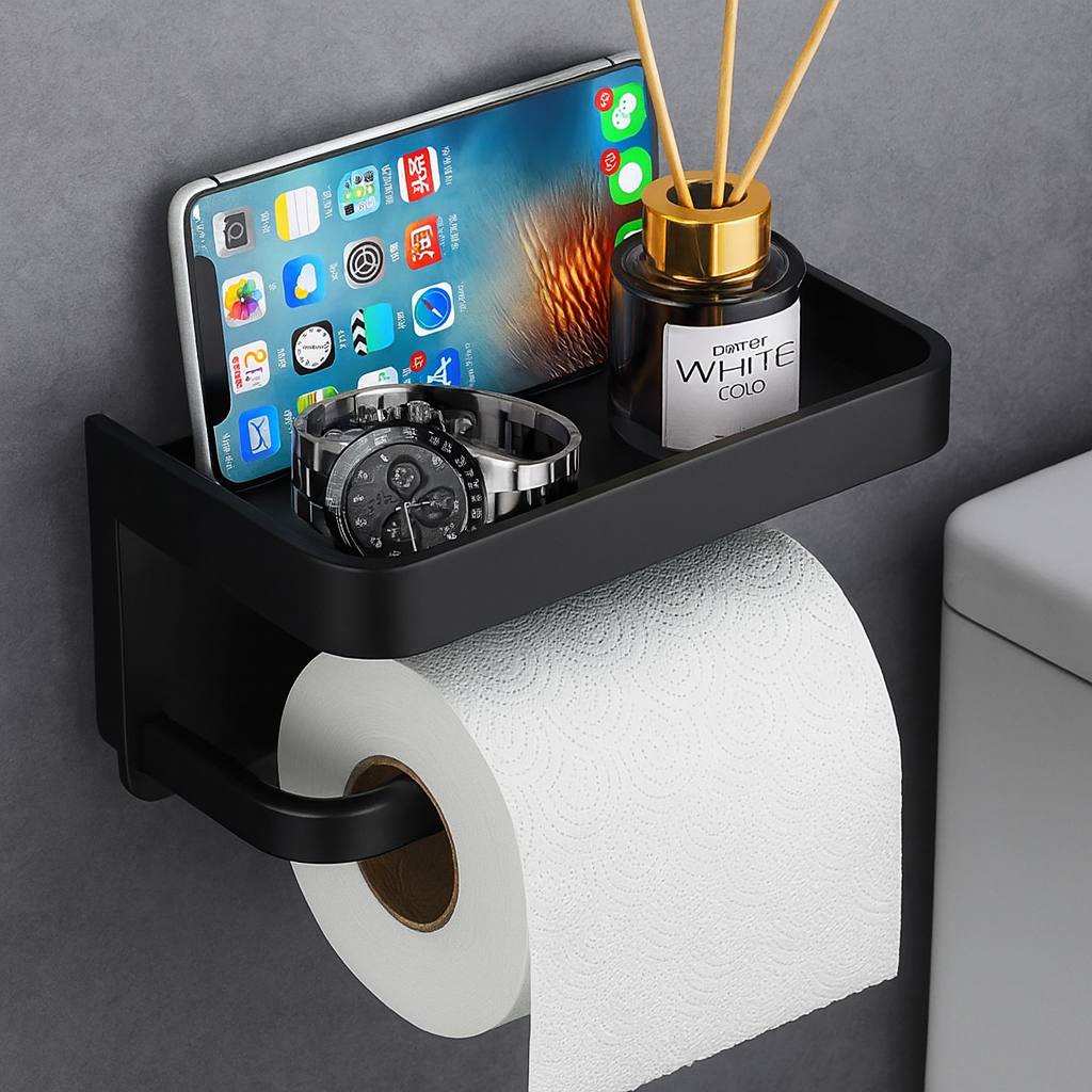 Sleek Space-Saving Holder | Black Toilet Roll Holder with Shelf